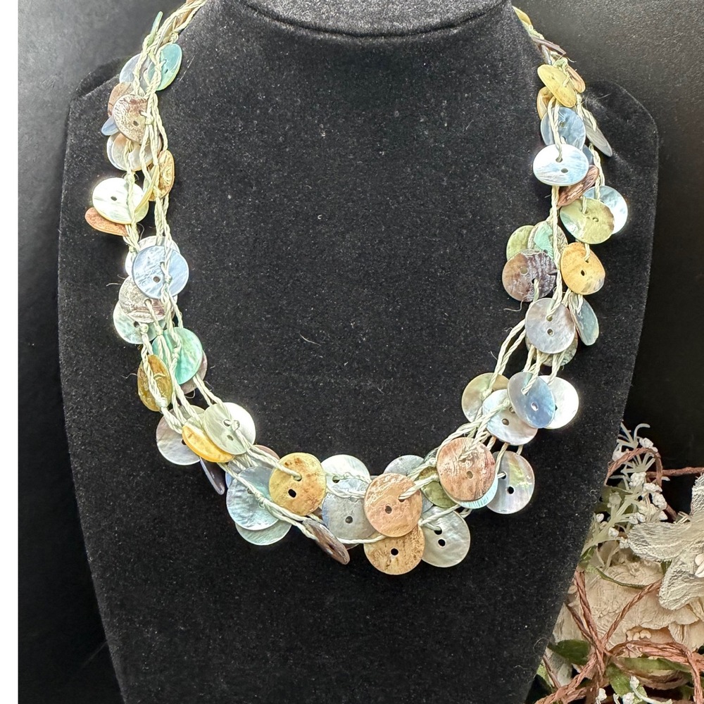 Handcrafted Mother of Pearl Button Multi Strand Necklace Boho Coastal Resort